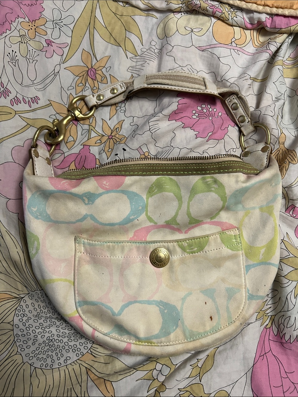 Coach Cream Canvas Shoulder Bag with Pastel Pink Blue and Green Circles
